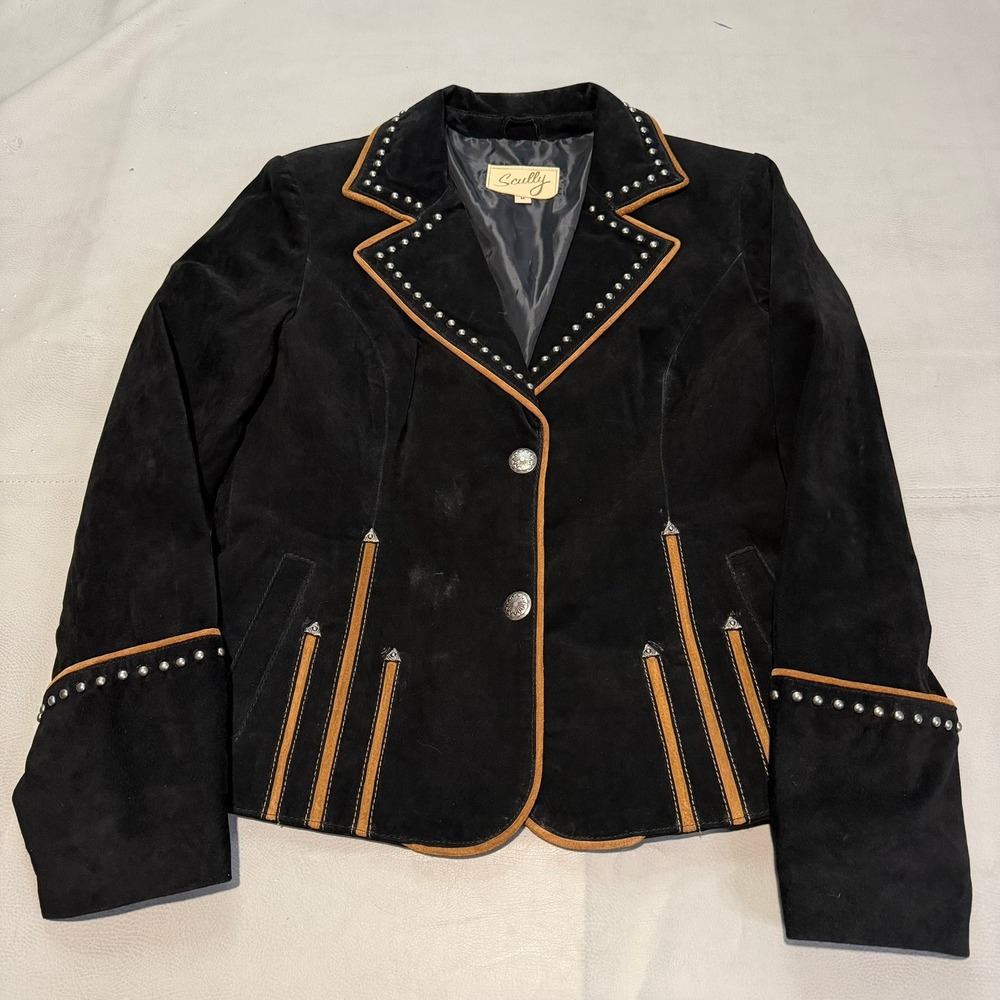 Scully Women Black Suede Western Rodeo Blazer Jacket Stud Rockabilly Leather-M